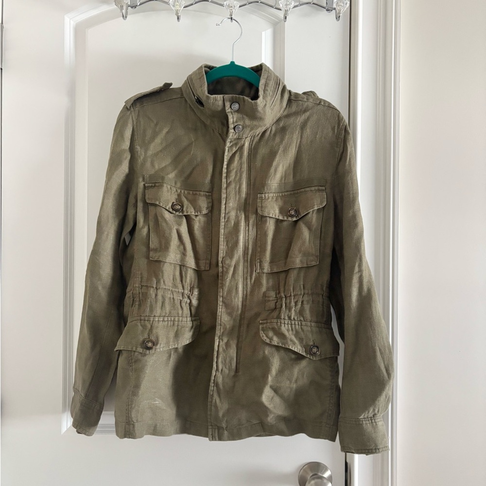 Zara Men's Olive Linen Military Jacket Army Green Sz M
